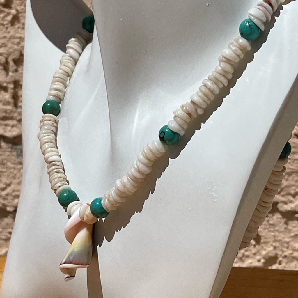 Puka Shells & Turquoise Colored Glass Bead Necklace